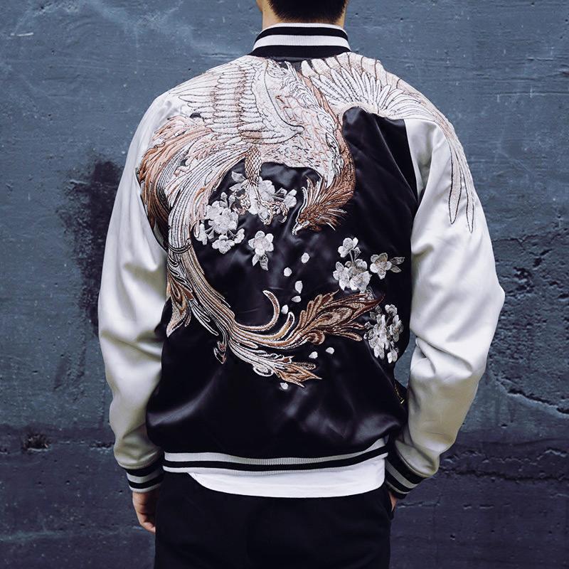 Majestic Phoenix Embroidered Souvenir Jacket: Reversible Silk Bomber for All