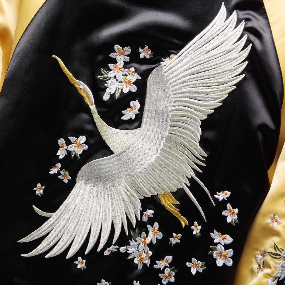 Reversible Japanese Sukajan Souvenir Jacket with Elegant Crane and Floral Embroidery