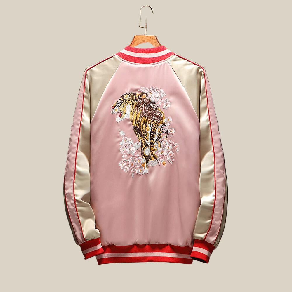 Reversible Mountain Tiger Souvenir Jacket - Dual Design Embroidered Bomber
