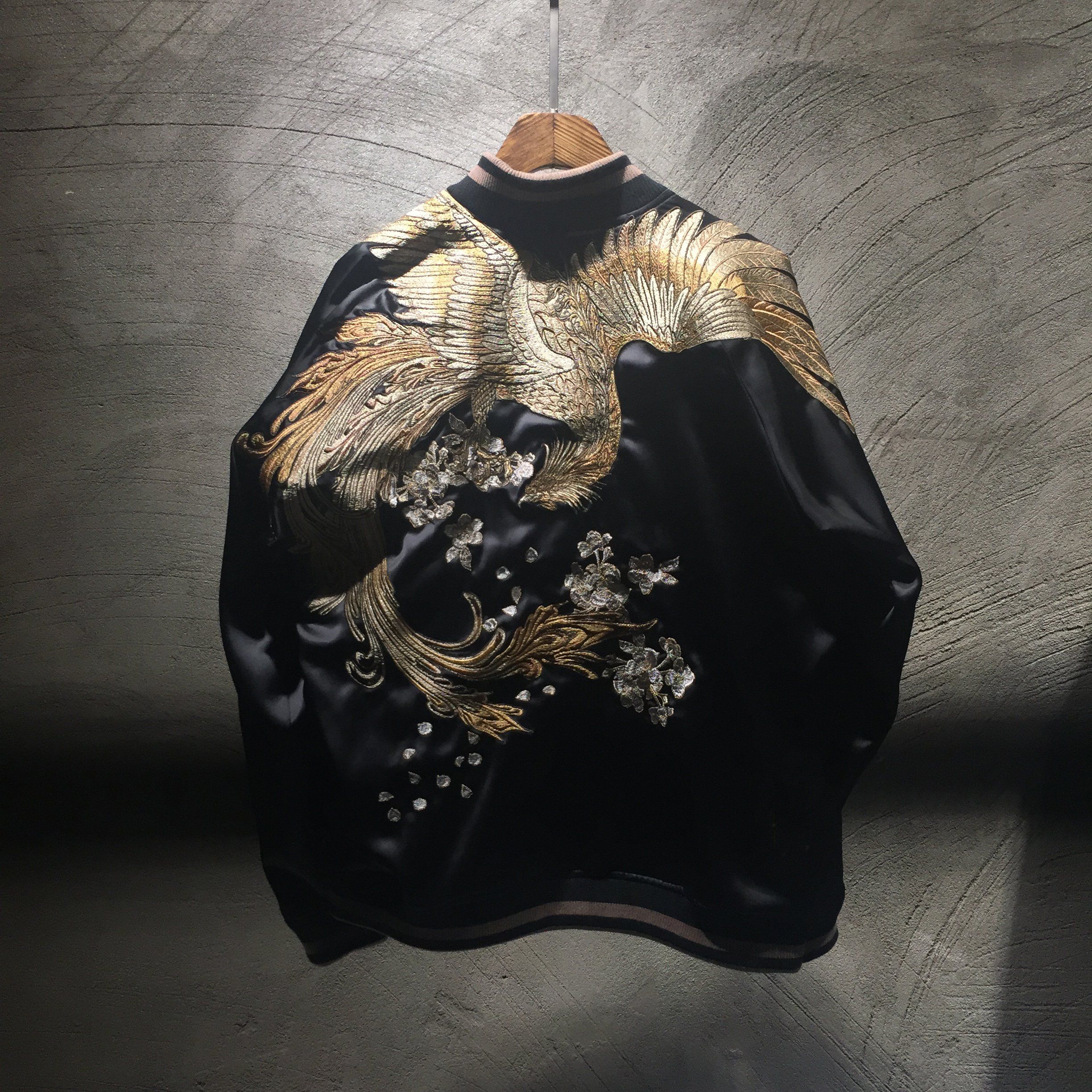 Majestic Phoenix Embroidered Souvenir Jacket: Reversible Silk Bomber for All