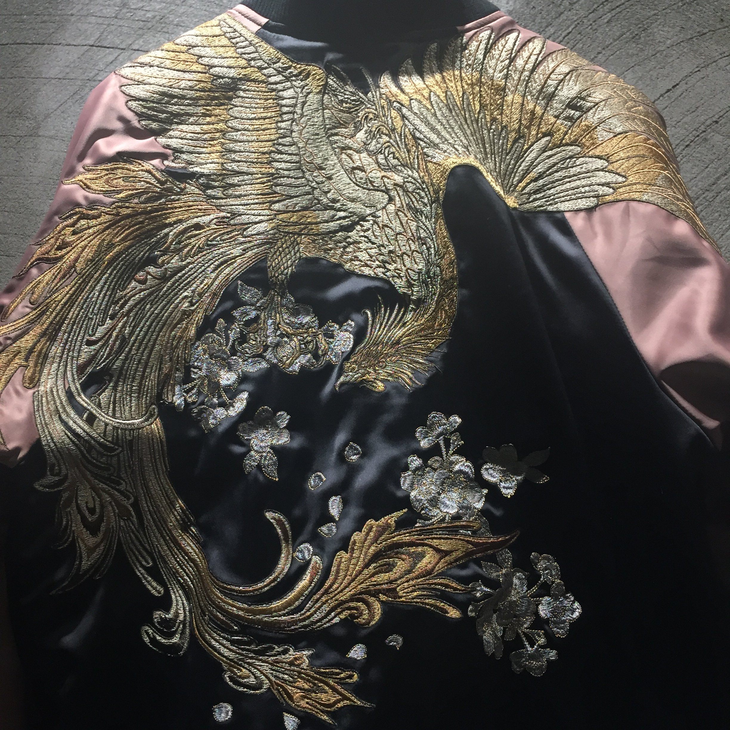 Majestic Phoenix Embroidered Souvenir Jacket: Reversible Silk Bomber for All