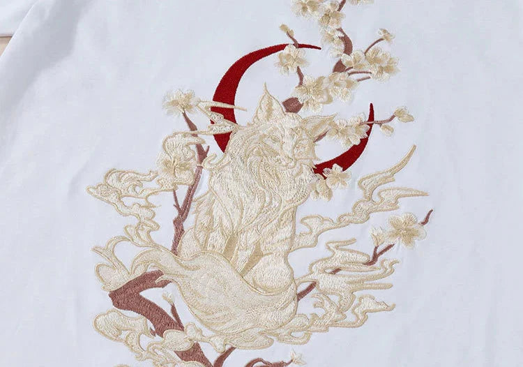 Koszula z haftem „Kitsune w świetle księżyca”