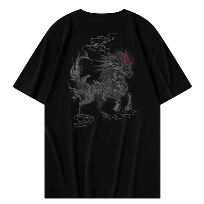 Wściekły Kylin Haftowany T-shirt