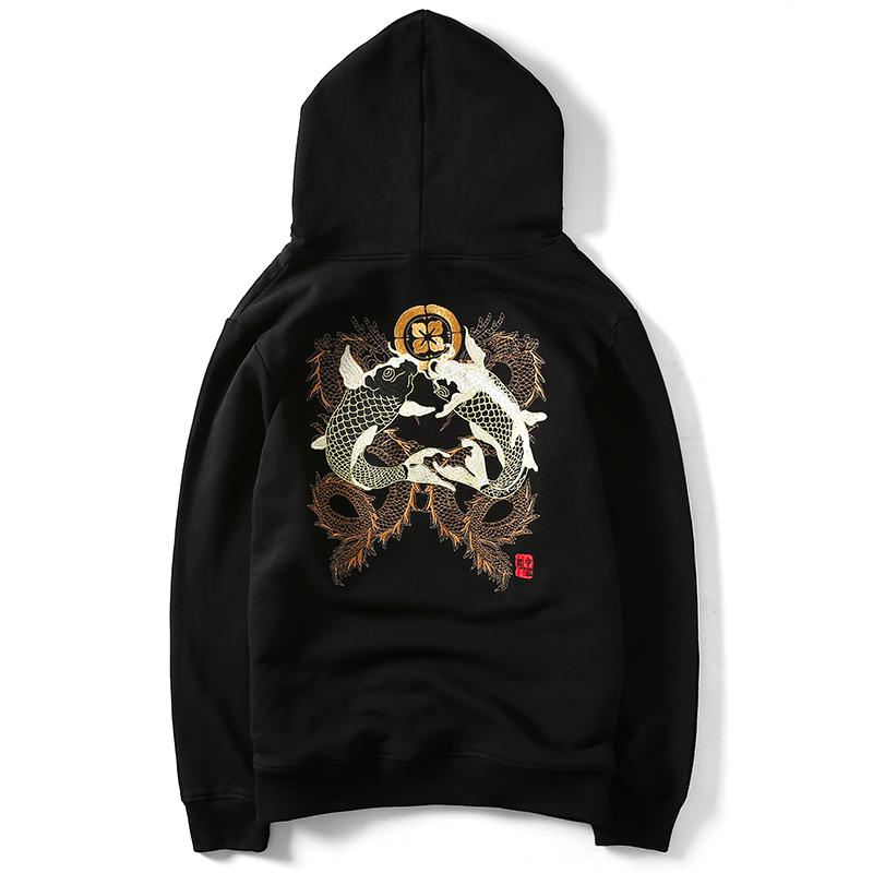 Double Koi &amp; Dragon Embroidered Sukajan Hoodie