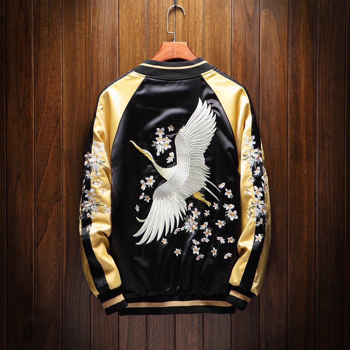 Reversible Japanese Sukajan Souvenir Jacket with Elegant Crane and Floral Embroidery