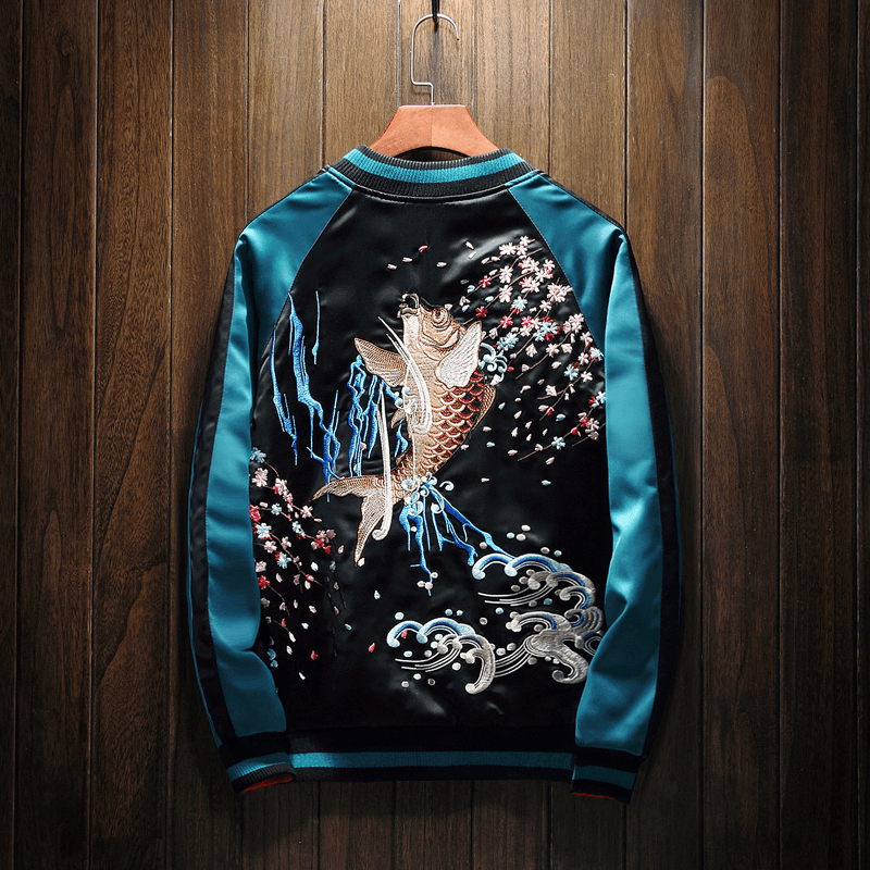 Reversible Japanese Koi Goldfish Sukajan Souvenir Jacket - Dual Design Embroidery