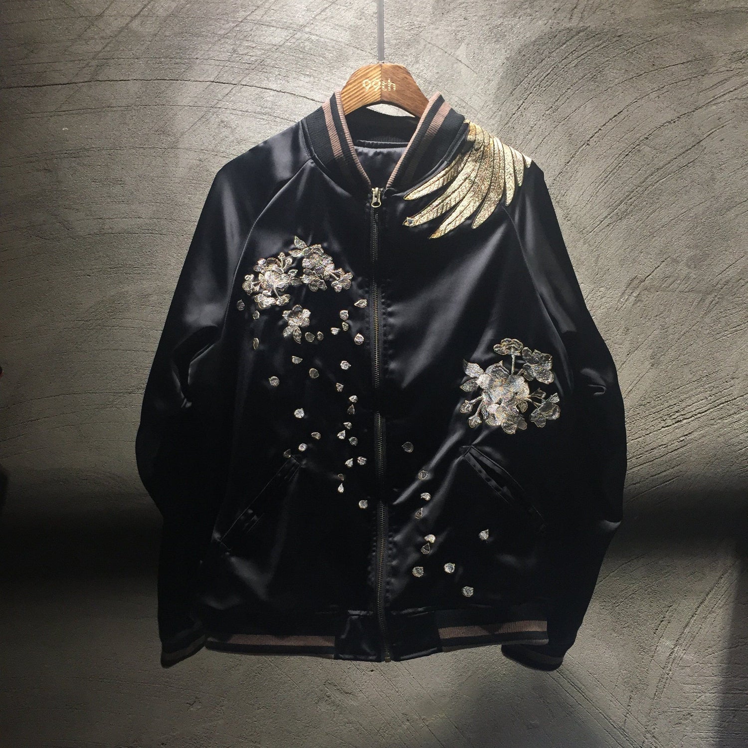 Majestic Phoenix Embroidered Souvenir Jacket: Reversible Silk Bomber for All