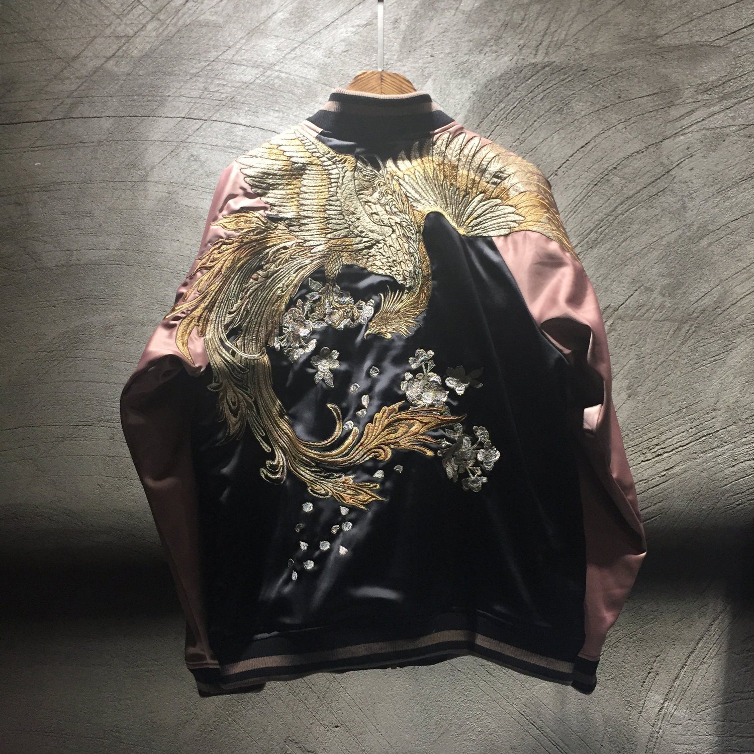 Majestic Phoenix Embroidered Souvenir Jacket: Reversible Silk Bomber for All