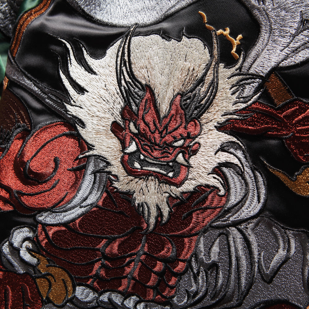 Premium Japanese Raijin Fujin Thunder God Embroidered Sukajan Souvenir Bomber Jacket