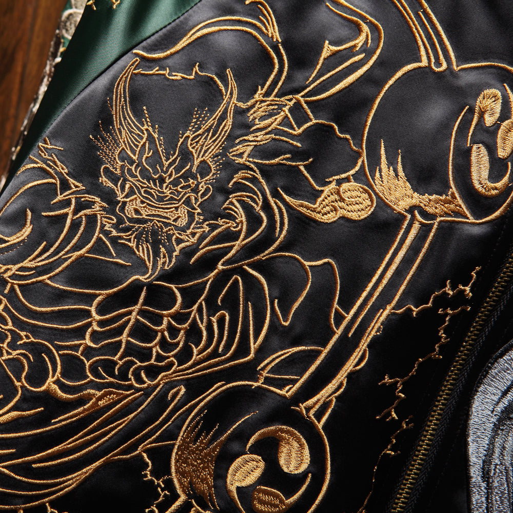 Premium Japanese Raijin Fujin Thunder God Embroidered Sukajan Souvenir Bomber Jacket
