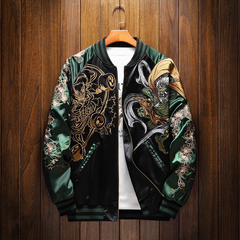 Premium Japanese Raijin Fujin Thunder God Embroidered Sukajan Souvenir Bomber Jacket