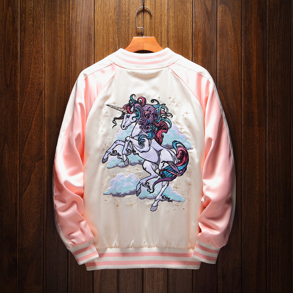 Vibrant Rainbow Unicorn Embroidered Sukajan Jacket - Japanese Mythical Bomber Satin