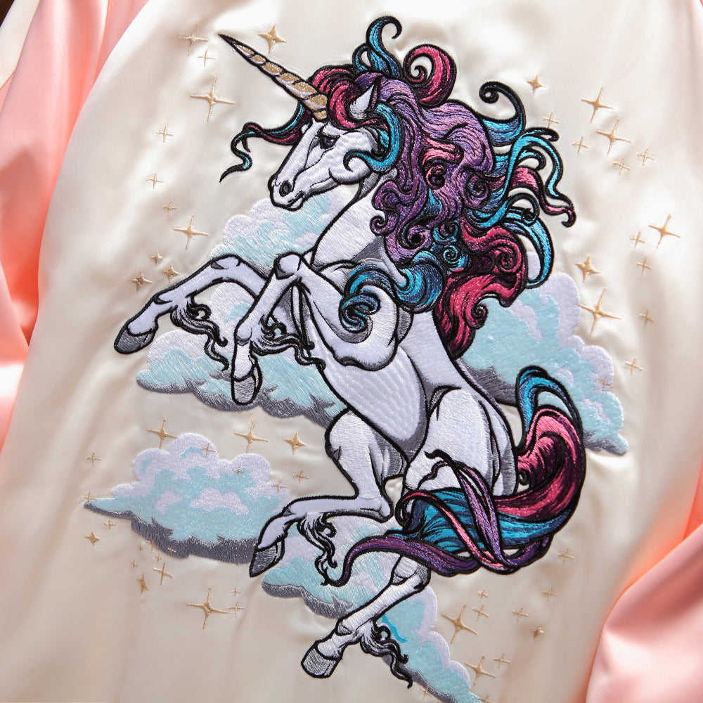 Vibrant Rainbow Unicorn Embroidered Sukajan Jacket - Japanese Mythical Bomber Satin
