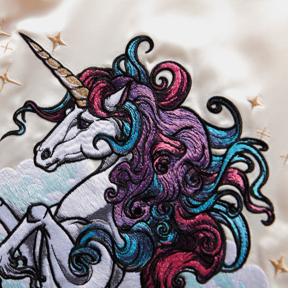 Vibrant Rainbow Unicorn Embroidered Sukajan Jacket - Japanese Mythical Bomber Satin